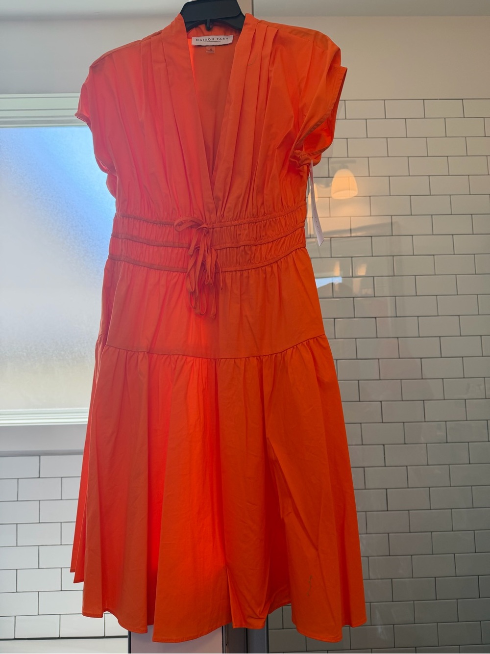 Maison Tara Vibrant Orange V-Neck Drawstring Waist Tiered Dress